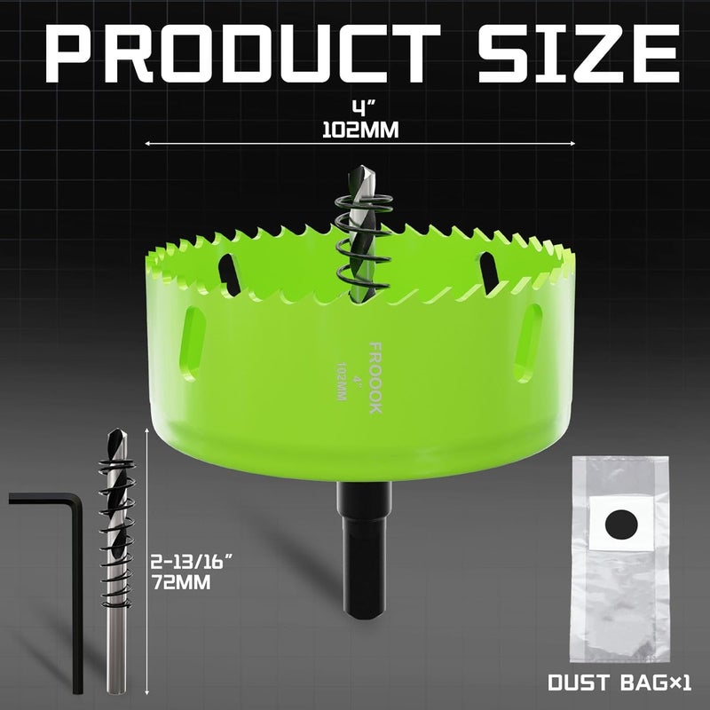 FROOOK 4"(102mm) Bi-Metal Hole Saw with Arbor - Multi-Material Cutting Kit for Thin Iron, Wood&Drywall - High-Speed Steel Teeth with Smooth Cutting Edge, Fast Chip Removal & Bonus Dust-Proof Bag - Image 2